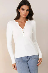 Emilia Knit Top - Gold Button Neckline Ribbed Top in White