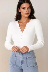 Emilia Knit Top - Gold Button Neckline Ribbed Top in White