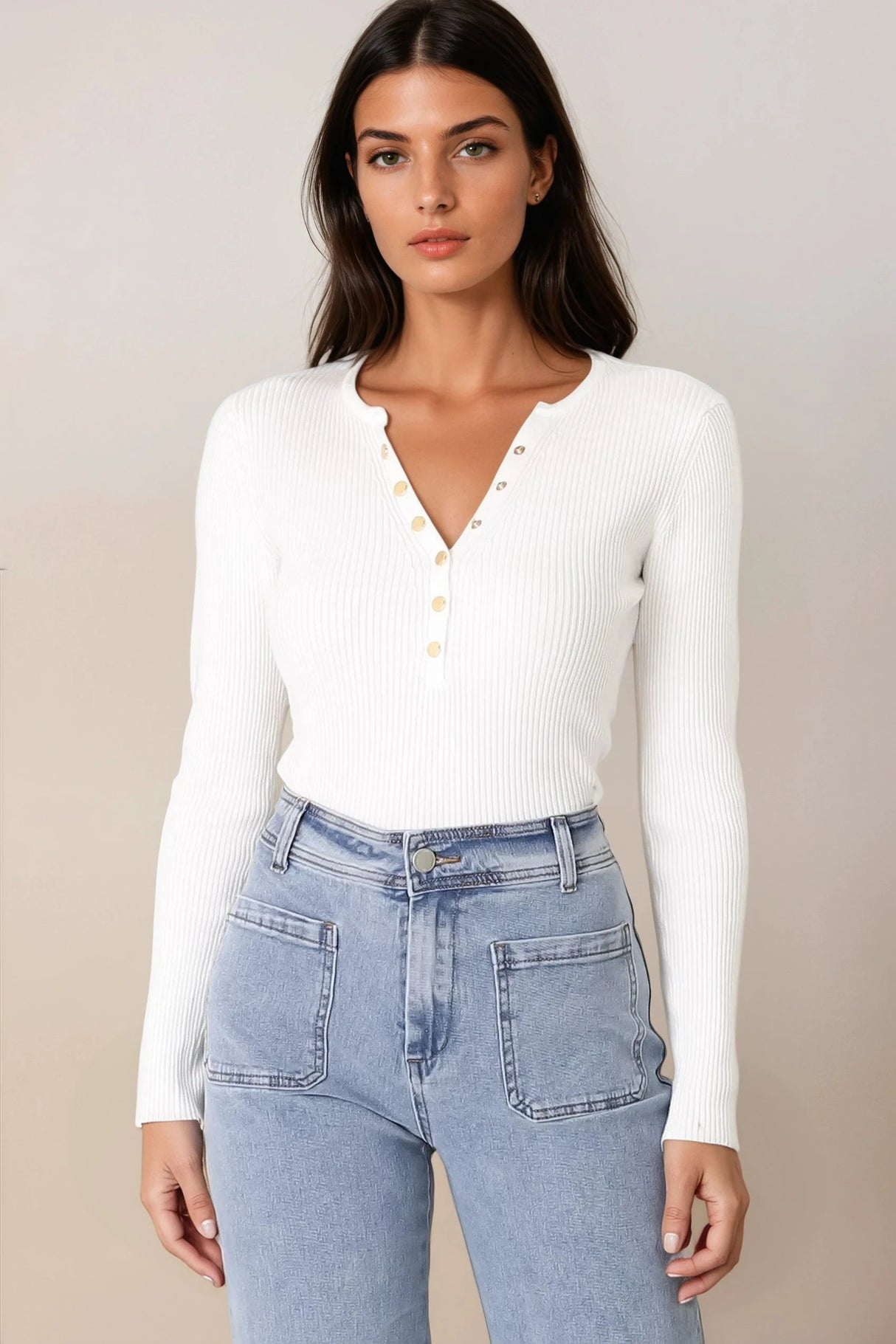 Emilia Knit Top - Gold Button Neckline Ribbed Top in White