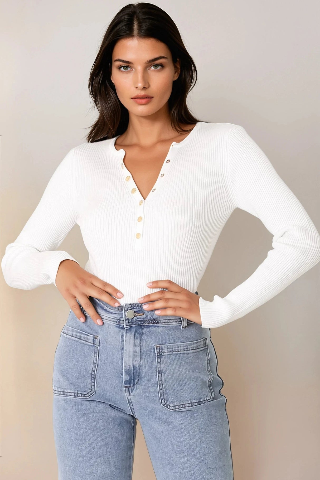 Emilia Knit Top - Gold Button Neckline Ribbed Top in White