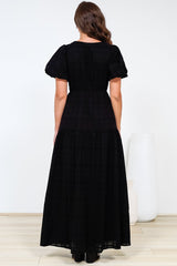 Emirah Maxi Dress - V-Neck Tiered A-Line Dress with Puff Sleeves in Black