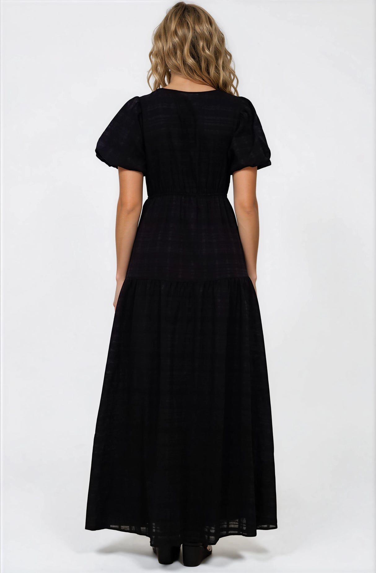 Emirah Maxi Dress - V-Neck Tiered A-Line Dress with Puff Sleeves in Black