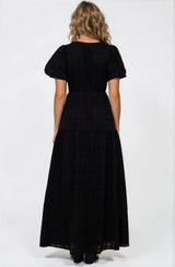 Emirah Maxi Dress - V-Neck Tiered A-Line Dress with Puff Sleeves in Black