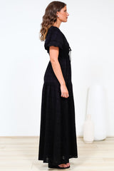 Emirah Maxi Dress - V-Neck Tiered A-Line Dress with Puff Sleeves in Black