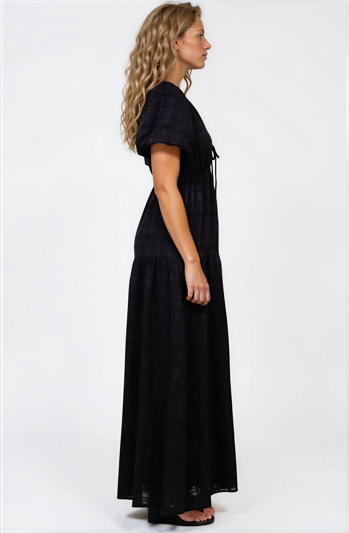 Emirah Maxi Dress - V-Neck Tiered A-Line Dress with Puff Sleeves in Black