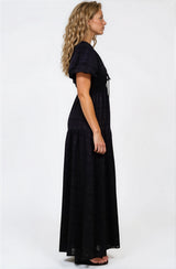 Emirah Maxi Dress - V-Neck Tiered A-Line Dress with Puff Sleeves in Black