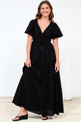 Emirah Maxi Dress - V-Neck Tiered A-Line Dress with Puff Sleeves in Black