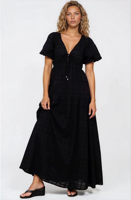 Emirah Maxi Dress - V-Neck Tiered A-Line Dress with Puff Sleeves in Black