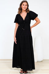 Emirah Maxi Dress - V-Neck Tiered A-Line Dress with Puff Sleeves in Black