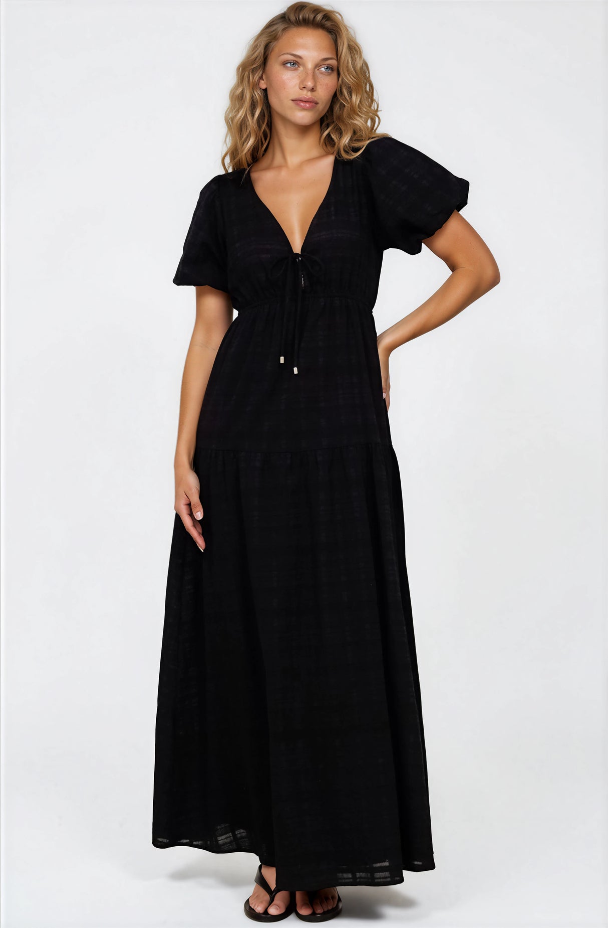 Emirah Maxi Dress - V-Neck Tiered A-Line Dress with Puff Sleeves in Black