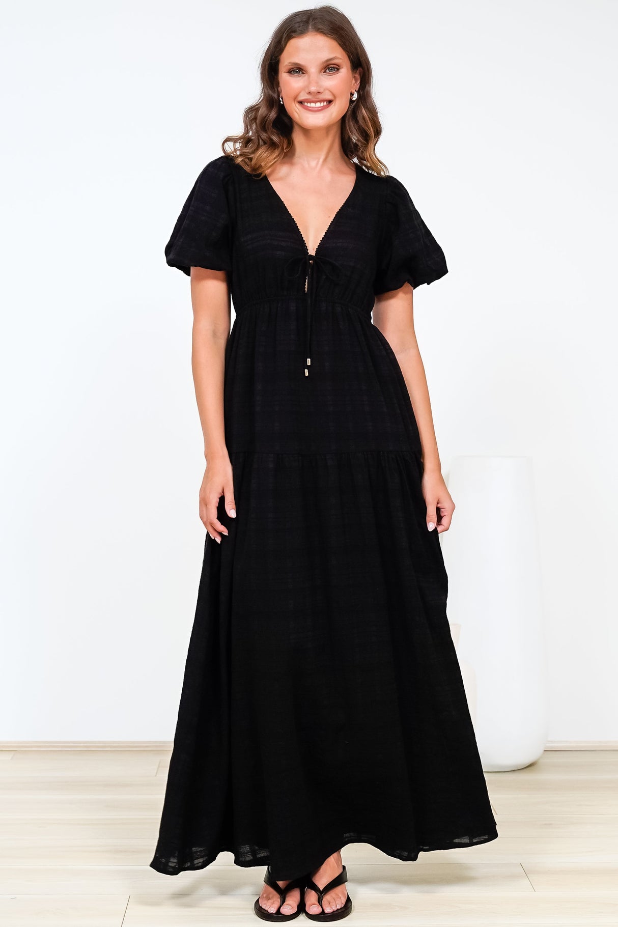 Emirah Maxi Dress - V-Neck Tiered A-Line Dress with Puff Sleeves in Black