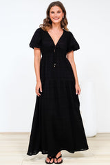 Emirah Maxi Dress - V-Neck Tiered A-Line Dress with Puff Sleeves in Black