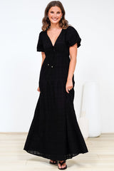 Emirah Maxi Dress - V-Neck Tiered A-Line Dress with Puff Sleeves in Black