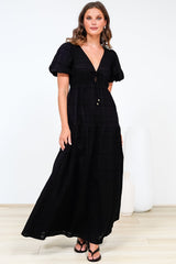 Emirah Maxi Dress - V-Neck Tiered A-Line Dress with Puff Sleeves in Black