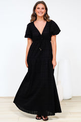 Emirah Maxi Dress - V-Neck Tiered A-Line Dress with Puff Sleeves in Black