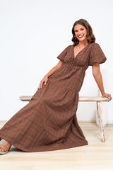 Emirah Maxi Dress - V-Neck Tiered A-Line Dress with Puff Sleeves in Chocolate