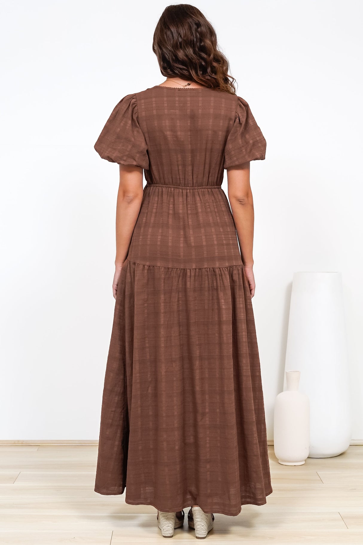 Emirah Maxi Dress - V-Neck Tiered A-Line Dress with Puff Sleeves in Chocolate