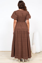 Emirah Maxi Dress - V-Neck Tiered A-Line Dress with Puff Sleeves in Chocolate