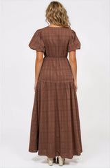 Emirah Maxi Dress - V-Neck Tiered A-Line Dress with Puff Sleeves in Chocolate