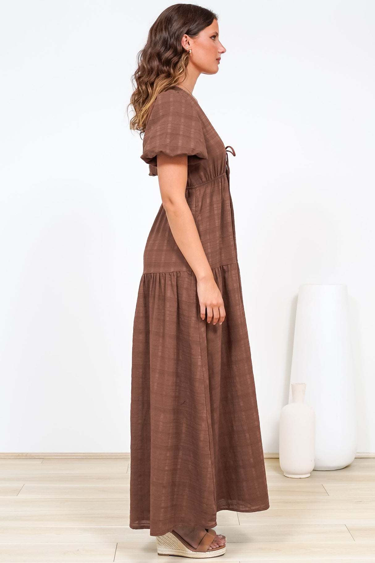 Emirah Maxi Dress - V-Neck Tiered A-Line Dress with Puff Sleeves in Chocolate