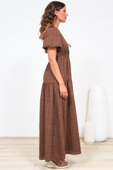 Emirah Maxi Dress - V-Neck Tiered A-Line Dress with Puff Sleeves in Chocolate