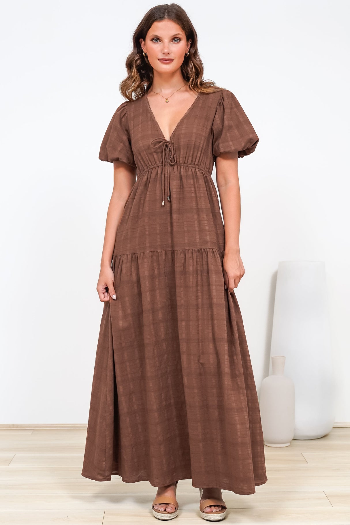 Emirah Maxi Dress - V-Neck Tiered A-Line Dress with Puff Sleeves in Chocolate