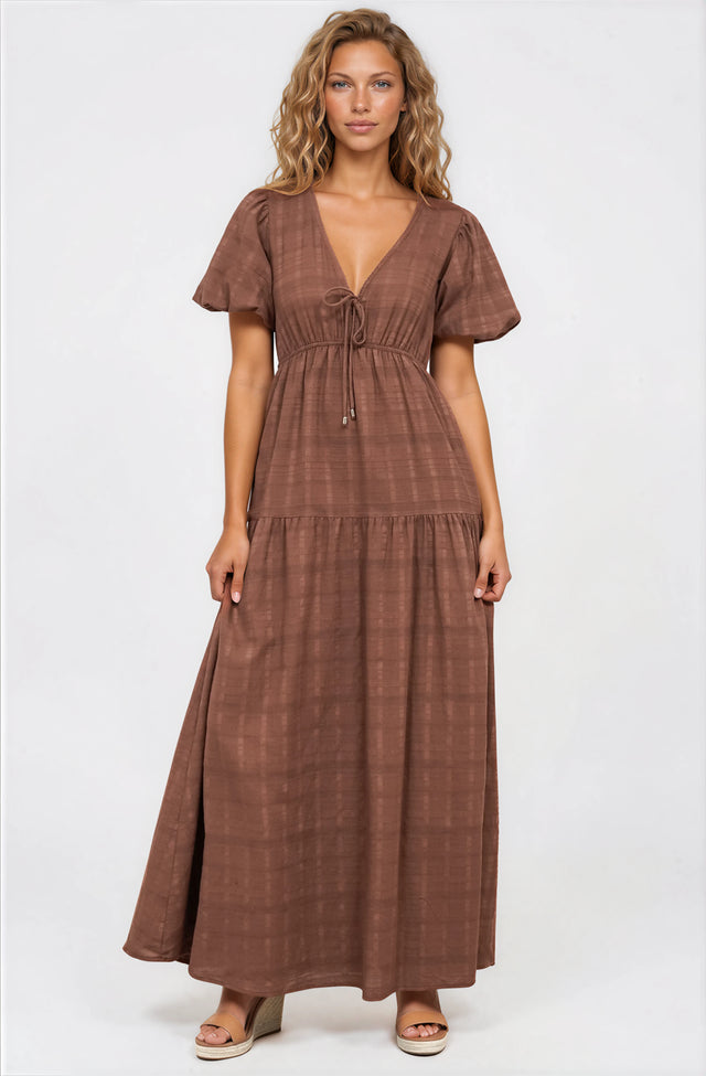 Model wearing Emirah Maxi Dress in Chocolate from Salty Crush