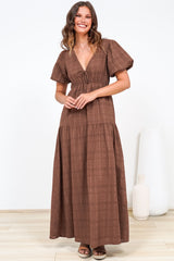 Emirah Maxi Dress - V-Neck Tiered A-Line Dress with Puff Sleeves in Chocolate