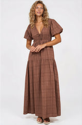 Emirah Maxi Dress - V-Neck Tiered A-Line Dress with Puff Sleeves in Chocolate