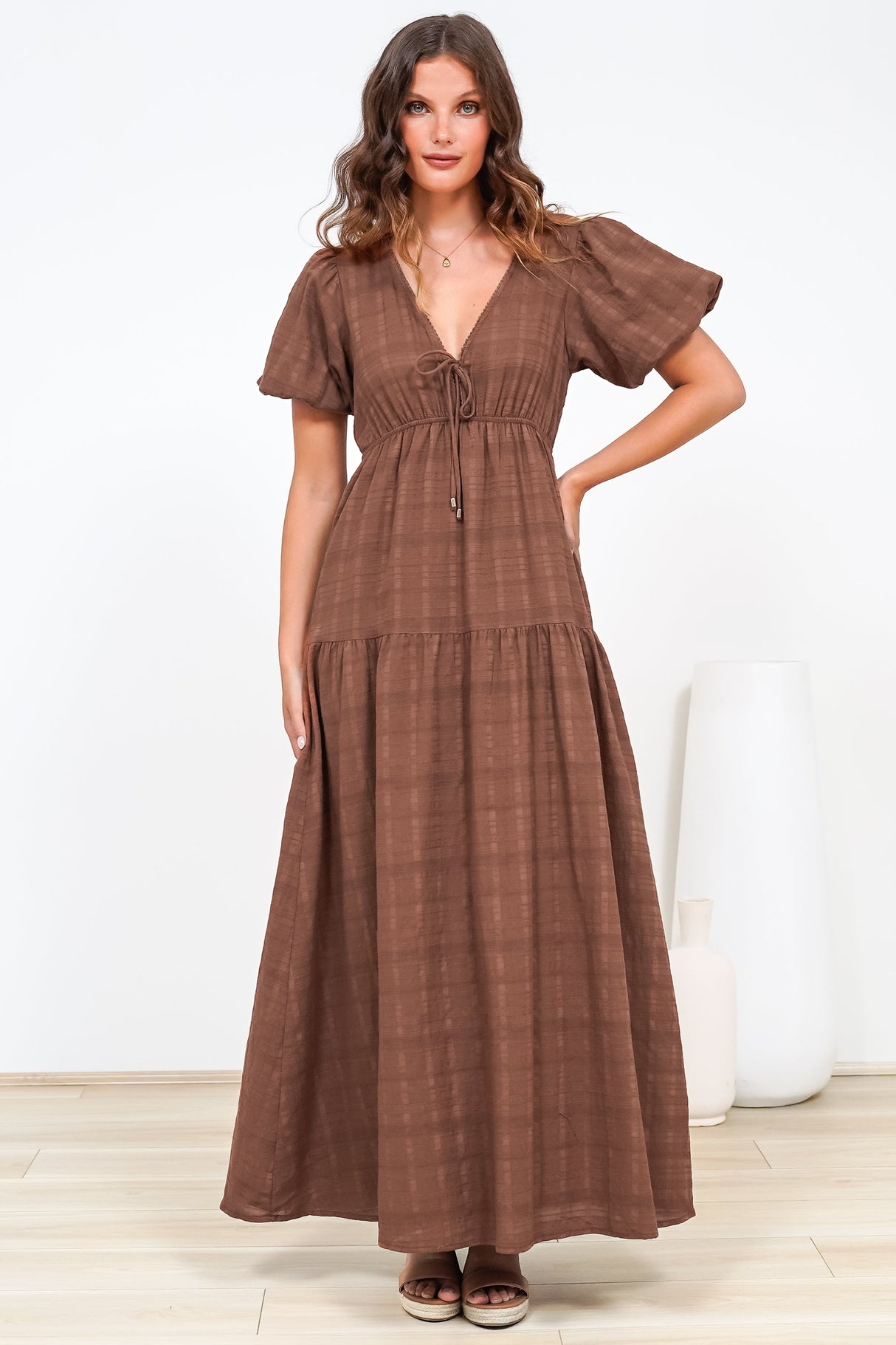 Emirah Maxi Dress - V-Neck Tiered A-Line Dress with Puff Sleeves in Chocolate