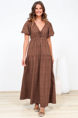Emirah Maxi Dress - V-Neck Tiered A-Line Dress with Puff Sleeves in Chocolate