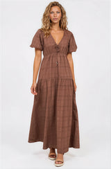 Emirah Maxi Dress - V-Neck Tiered A-Line Dress with Puff Sleeves in Chocolate