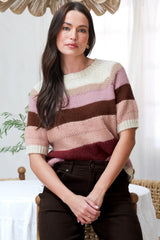 Emmalyna Knit Top - Boat Neck Stripe Woven Short Sleeve Knit in Beige