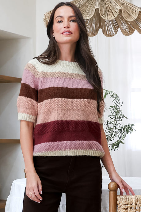 Model wearing Emmalyna Knit Top in Beige from Salty Crush