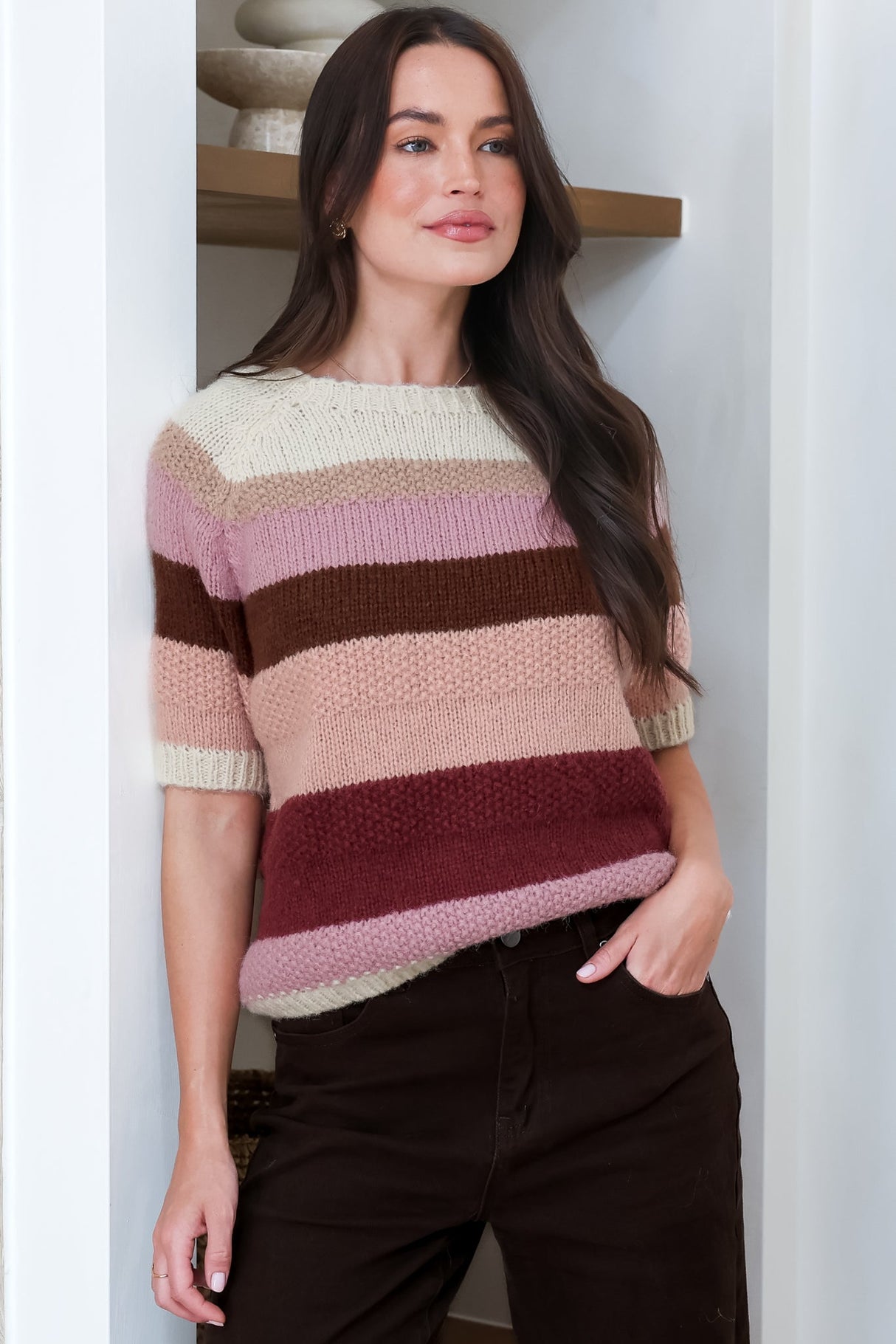 Emmalyna Knit Top - Boat Neck Stripe Woven Short Sleeve Knit in Beige