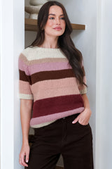 Emmalyna Knit Top - Boat Neck Stripe Woven Short Sleeve Knit in Beige