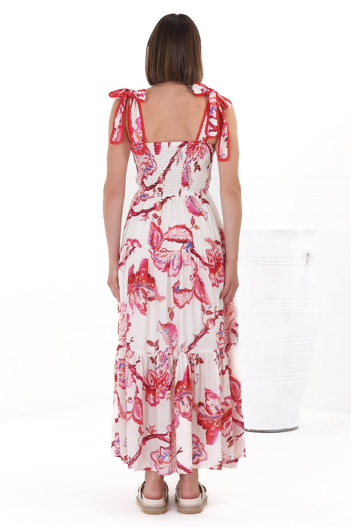 Emmelyn Maxi Dress - Lace Trim Tie Strap Sun Dress in Carlee Print