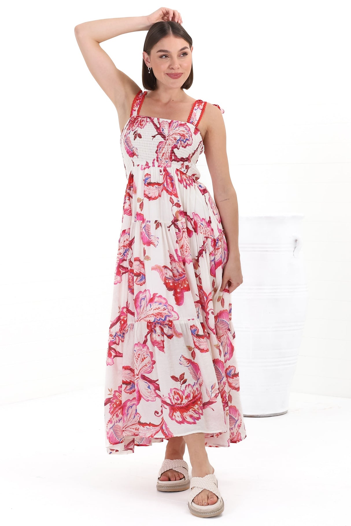 Emmelyn Maxi Dress - Lace Trim Tie Strap Sun Dress in Carlee Print