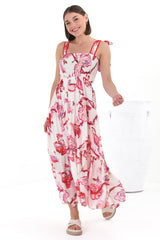 Emmelyn Maxi Dress - Lace Trim Tie Strap Sun Dress in Carlee Print