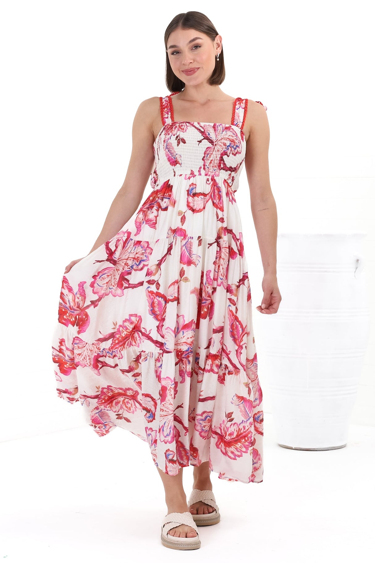 Emmelyn Maxi Dress - Lace Trim Tie Strap Sun Dress in Carlee Print