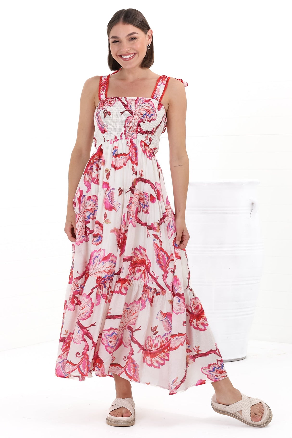 Emmelyn Maxi Dress - Lace Trim Tie Strap Sun Dress in Carlee Print