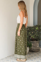 Emmy Pants - High Waisted Pleated Front Waistband Palazzo Pants in Ainsley Print Khaki