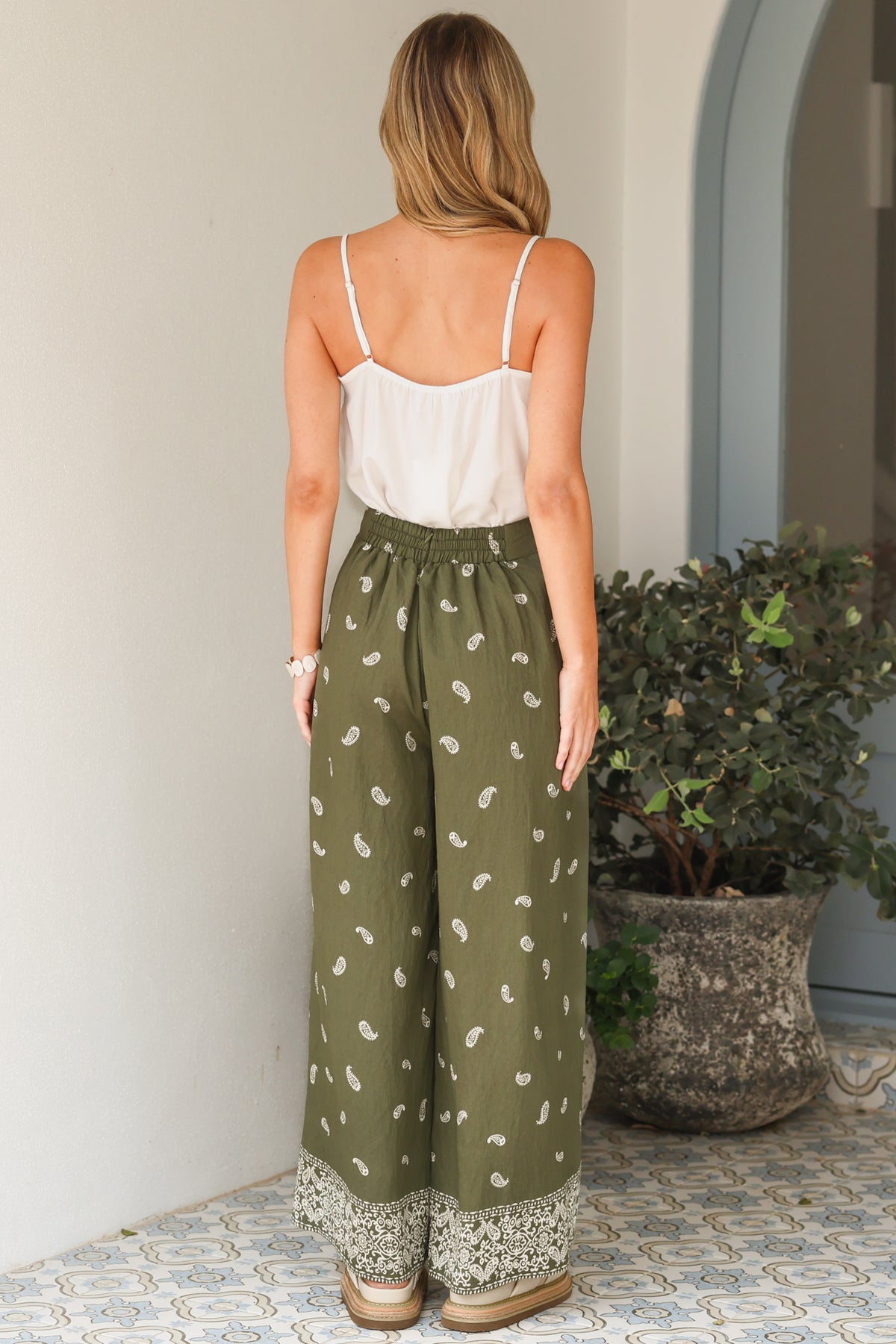 Emmy Pants - High Waisted Pleated Front Waistband Palazzo Pants in Ainsley Print Khaki