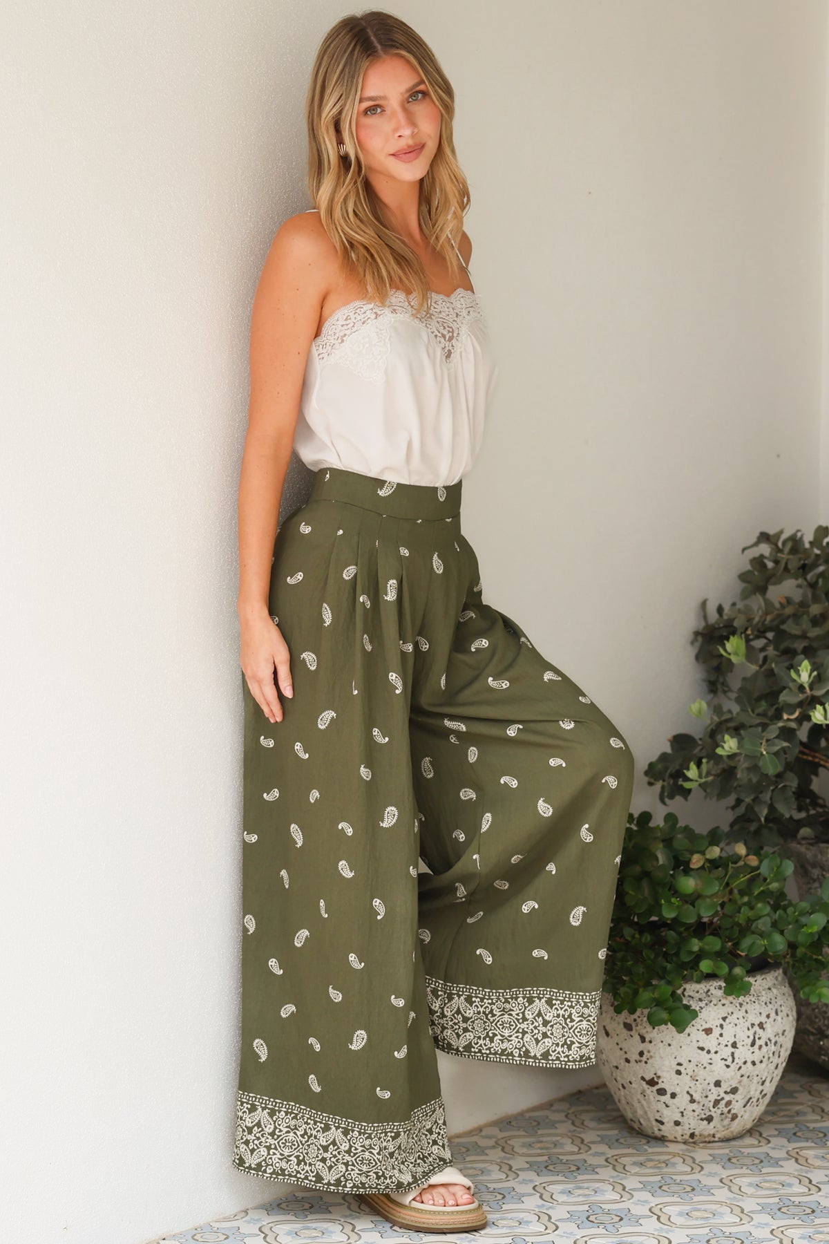 Emmy Pants - High Waisted Pleated Front Waistband Palazzo Pants in Ainsley Print Khaki