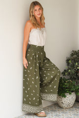 Emmy Pants - High Waisted Pleated Front Waistband Palazzo Pants in Ainsley Print Khaki