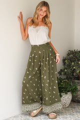 Emmy Pants - High Waisted Pleated Front Waistband Palazzo Pants in Ainsley Print Khaki