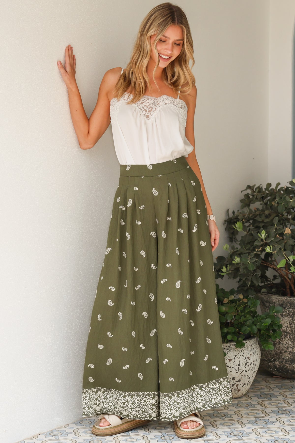 Emmy Pants - High Waisted Pleated Front Waistband Palazzo Pants in Ainsley Print Khaki