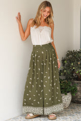 Emmy Pants - High Waisted Pleated Front Waistband Palazzo Pants in Ainsley Print Khaki