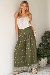 Emmy Pants - High Waisted Pleated Front Waistband Palazzo Pants in Ainsley Print Khaki