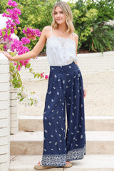 Emmy Pants - High Waisted Pleated Front Waistband Palazzo Pants in Ainsley Print Navy